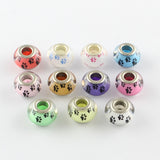 Large Hole Dog Paw Prints Pattern Resin European Beads, with Silver Color Plated Brass Double Cores, Rondelle, Mixed Color, 14x9~10mm, Hole: 5mm, 100pc/Set