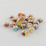 Large Hole Resin European Beads, with Silver Color Plated Brass Double Cores, Rondelle, Mixed Color, 14x9mm, Hole: 5mm, 100pc/Set