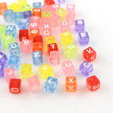 Transparent Acrylic European Beads, Random Mixed Letters, Horizontal Hole, Large Hole Cube Beads, Mixed Color, 10x10x10mm, Hole: 4mm, about 530pcs/500g