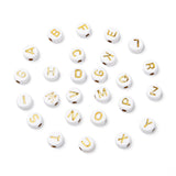 Plating Acrylic Beads, for Name Bracelets & Jewelry Making, Metal Enlaced, Horizontal Hole, Mixed Letters, Flat Round, Golden Plated, 7x4mm, Hole: 1.8mm, about 3650pcs/500g