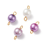 Glass Imitation Pearl Connector Charms, with Golden Plated Double Iron Loops, Round, Medium Orchid, 14x7.5mm, Hole: 1.8mm and 2.5mm, 100pc/Set