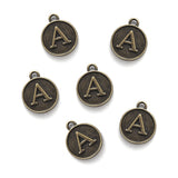 Alloy Pendant Cabochon Settings For Enamel, Flat Round with Alphabet, Antique Bronze, 14x12x2mm, Hole: 1.5mm, 26pcs/set