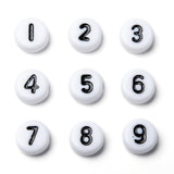 Opaque Acrylic Beads, Number Style, Flat Round, White, Size: about 7mm in diameter, 4mm thick, hole: 1.2mm, about 3500pcs/500g