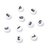 Opaque Acrylic Beads, Number Style, Flat Round, White, Size: about 7mm in diameter, 4mm thick, hole: 1.2mm, about 3500pcs/500g