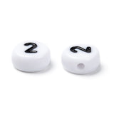 Opaque Acrylic Beads, Number Style, Flat Round, White, Size: about 7mm in diameter, 4mm thick, hole: 1.2mm, about 3500pcs/500g