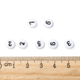 Opaque Acrylic Beads, Number Style, Flat Round, White, Size: about 7mm in diameter, 4mm thick, hole: 1.2mm, about 3500pcs/500g