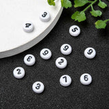 Opaque Acrylic Beads, Number Style, Flat Round, White, Size: about 7mm in diameter, 4mm thick, hole: 1.2mm, about 3500pcs/500g