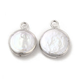 Baroque Natural Keshi Pearl Pendants, Flat Round Charms, with Brass Loops, Platinum, 15~17x11~13x3~4mm, Hole: 1.8mm, 5pc/Set