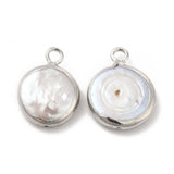 Baroque Natural Keshi Pearl Pendants, Flat Round Charms, with Brass Loops, Platinum, 15~17x11~13x3~4mm, Hole: 1.8mm, 5pc/Set