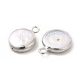 Baroque Natural Keshi Pearl Pendants, Flat Round Charms, with Brass Loops, Platinum, 15~17x11~13x3~4mm, Hole: 1.8mm, 5pc/Set