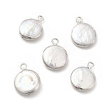 Baroque Natural Keshi Pearl Pendants, Flat Round Charms, with Brass Loops, Platinum, 15~17x11~13x3~4mm, Hole: 1.8mm, 5pc/Set