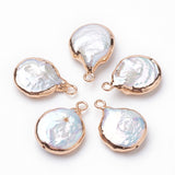 Electroplate Natural Baroque Pearl Keshi Pearl Pendants, Cultured Freshwater Pearl, with Iron Findings, Flat Round, Golden, 16~22x13~16x4~8mm, Hole: 1.8mm, 10pc/Set