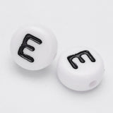 Acrylic Beads, with Horizontal Hole, Letter, Flat Round, Letter.E, 7x4mm, Hole: 1mm, about 3500pcs/500g