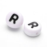 Acrylic Beads, with Horizontal Hole, Letter, Flat Round, Letter.R, 7x4mm, Hole: 1mm, about 3500pcs/500g