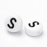 Acrylic Beads, with Horizontal Hole, Letter, Flat Round, Letter.S, 7x4mm, Hole: 1mm, about 3500pcs/500g