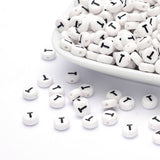 Acrylic Beads, with Horizontal Hole, Letter, Flat Round, Letter.T, 7x4mm, Hole: 1mm, about 3500pcs/500g