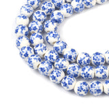 Handmade Flower Printed Porcelain Ceramic Beads Strands, Round, Blue, 8mm, Hole: 2mm, about 42pcs/strand, 13 inch, 3Strand/Set