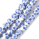 Handmade Flower Printed Porcelain Ceramic Beads Strands, Round, Blue, 8mm, Hole: 2mm, about 42pcs/strand, 13 inch, 3Strand/Set