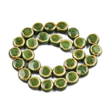 Handmade Porcelain Ceramic Beads Strands, Famille Rose Style, Flat Round, Olive Drab, 10.5~12x5.5~7mm, Hole: 2mm, about 28~29pcs/strand, 12.28~12.72 inch(31.2~32.3cm)