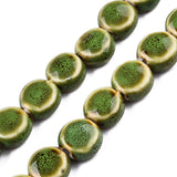 Handmade Porcelain Ceramic Beads Strands, Famille Rose Style, Flat Round, Olive Drab, 10.5~12x5.5~7mm, Hole: 2mm, about 28~29pcs/strand, 12.28~12.72 inch(31.2~32.3cm)