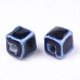 Handmade Porcelain Beads, Fancy Antique Glazed Porcelain, Cube, Dark Blue, 8x7.5~8x7.5~8mm, Hole: 1.5~2mm, 100pc/Set