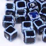 Handmade Porcelain Beads, Fancy Antique Glazed Porcelain, Cube, Dark Blue, 8x7.5~8x7.5~8mm, Hole: 1.5~2mm, 100pc/Set