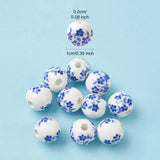 Handmade Porcelain Beads, Blue and White Porcelain, Round with Flower, Blue, 10mm, Hole: 2mm, 10pc/Set