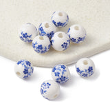 Handmade Porcelain Beads, Blue and White Porcelain, Round with Flower, Blue, 10mm, Hole: 2mm, 10pc/Set