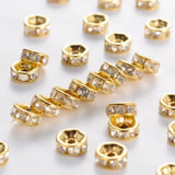 Iron Rhinestone Spacer Beads, Grade B, Rondelle, Straight Edge, Clear, Golden, 6x3mm, Hole: 1.5mm, 1000pc/Set