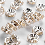 Iron Rhinestone Spacer Beads, for Jewelry Craft Making Findings, Grade B, Rondelle, Straight Edge, Clear, Silver Color Plated, 7~8x3.5mm, Hole: 2mm, 500pc/Set