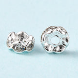 Brass Rhinestone Spacer Beads, Grade A, Wavy Edge, Silver Color Plated, Rondelle, Crystal, 6x3mm, Hole: 1mm, 200pcs/Set