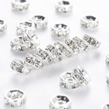 Brass Rhinestone Spacer Beads, Grade A, Straight Flange, Silver Color Plated, Rondelle, Crystal, 6x3mm, Hole: 1mm, 200pcs/Set