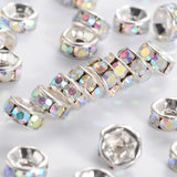 Brass Rhinestone Spacer Beads, Grade A, Straight Flange, Silver Color Plated, Rondelle, Crystal AB, 6x3mm, Hole: 1mm, 200pcs/Set