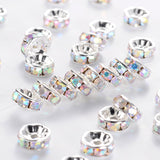 Brass Rhinestone Spacer Beads, Grade A, Straight Flange, Silver Color Plated, Rondelle, Crystal AB, 8x3.8mm, Hole: 1.5mm, 200pc/Set