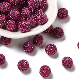 Pave Disco Ball Beads, Polymer Clay Rhinestone Beads, Round, Fuchsia, PP13(1.9~2mm), 6 Rows Rhinestone, 10mm, Hole: 1.5mm, 100pc/Set