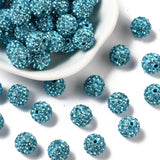 Pave Disco Ball Beads, Polymer Clay Rhinestone Beads, Round, Aquamarine, PP13(1.9~2mm), 6 Rows Rhinestone, 10mm, Hole: 1.5mm, 100pc/Set