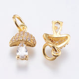 Brass Micro Pave Cubic Zirconia Charms, Cadmium Free & Lead Free, Mushroom, Real 18K Gold Plated, 11x7.5x4mm, Hole: 3mm, 20pc/Set