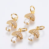 Brass Micro Pave Cubic Zirconia Charms, Cadmium Free & Lead Free, Mushroom, Real 18K Gold Plated, 11x7.5x4mm, Hole: 3mm, 20pc/Set