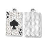 Rack Plating Alloy Crystal Rhinestone Pendants, with Black Enamel, Playing Cards Charms, Platinum, 22.5x12.5x2mm, Hole: 1.5mm, 5pc/Set