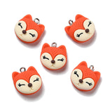 Opaque Resin Pendants, with Platinum Tone Iron Loops, Fox, Orange Red, 19x17.5x8mm, Hole: 2mm, 30pc/Set