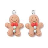 Opaque Resin Pendants, with Platinum Tone Iron Loops, Christmas Theme, Gingerbread Man, BurlyWood, 28x9.5x7mm, Hole: 2mm, 30pcs/Set