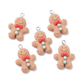 Opaque Resin Pendants, with Platinum Tone Iron Loops, Christmas Theme, Gingerbread Man, BurlyWood, 28x9.5x7mm, Hole: 2mm, 30pcs/Set