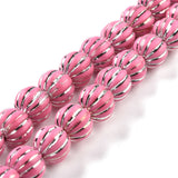 Grooved Resin Beads Strands, Silver Metal Enlaced, Pumpkin, Flamingo, 10~12mm, Hole: 3mm, about 32pcs/strand, 13.78''(35cm)