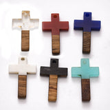 Resin & Walnut Wood Pendants, Cross, Mixed Color, 26x16x3mm, Hole: 1.8mm, 50pc/Set