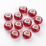 Large Hole Rondelle Resin European Beads, with Silver Color Plated Brass Cores, Imitation Cat Eye, Red, 13.5~14x9mm, Hole: 5mm, 10pcs/Set