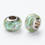 304 Stainless Steel Resin European Beads, with Shell and Enamel, Rondelle, Large Hole Beads, Pale Green, 12x8mm, Hole: 5mm