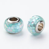 304 Stainless Steel Resin European Beads, with Shell and Enamel, Rondelle, Large Hole Beads, Turquoise, 12x8mm, Hole: 5mm