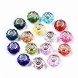 Transparent Resin European Beads, Imitation Crystal, Large Hole Beads, with Silver Tone Brass Double Cores, Faceted, Rondelle, Mixed Color, 14x9.5mm, Hole: 5mm, 100pc/Set