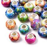 Opaque Resin European Beads, Imitation Crystal, Two-Tone Large Hole Beads, with Silver Tone Brass Double Cores, Rondelle, Mixed Color, 14x9.5mm, Hole: 5mm, 100pc/Set