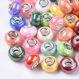 Opaque Resin European Beads, Large Hole Beads, Imitation Porcelain, with Platinum Tone Brass Double Cores, AB Color, Rondelle, Mixed Color, 14x9mm, Hole: 5mm, 100pc/Set